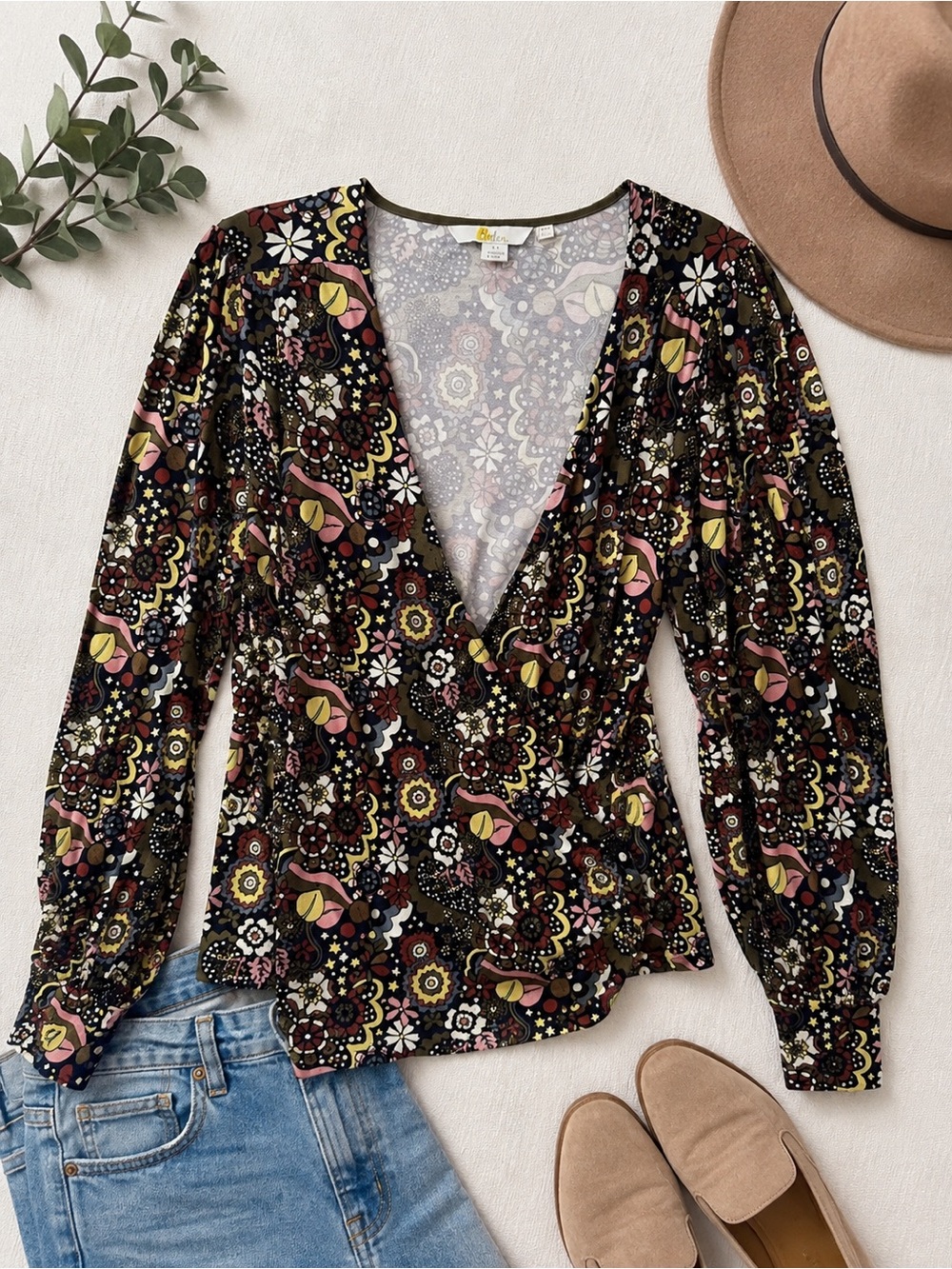 Boden Top Womens US 8 Multicolor Floral Faux Wrap V-Neck Blouson Sleeve